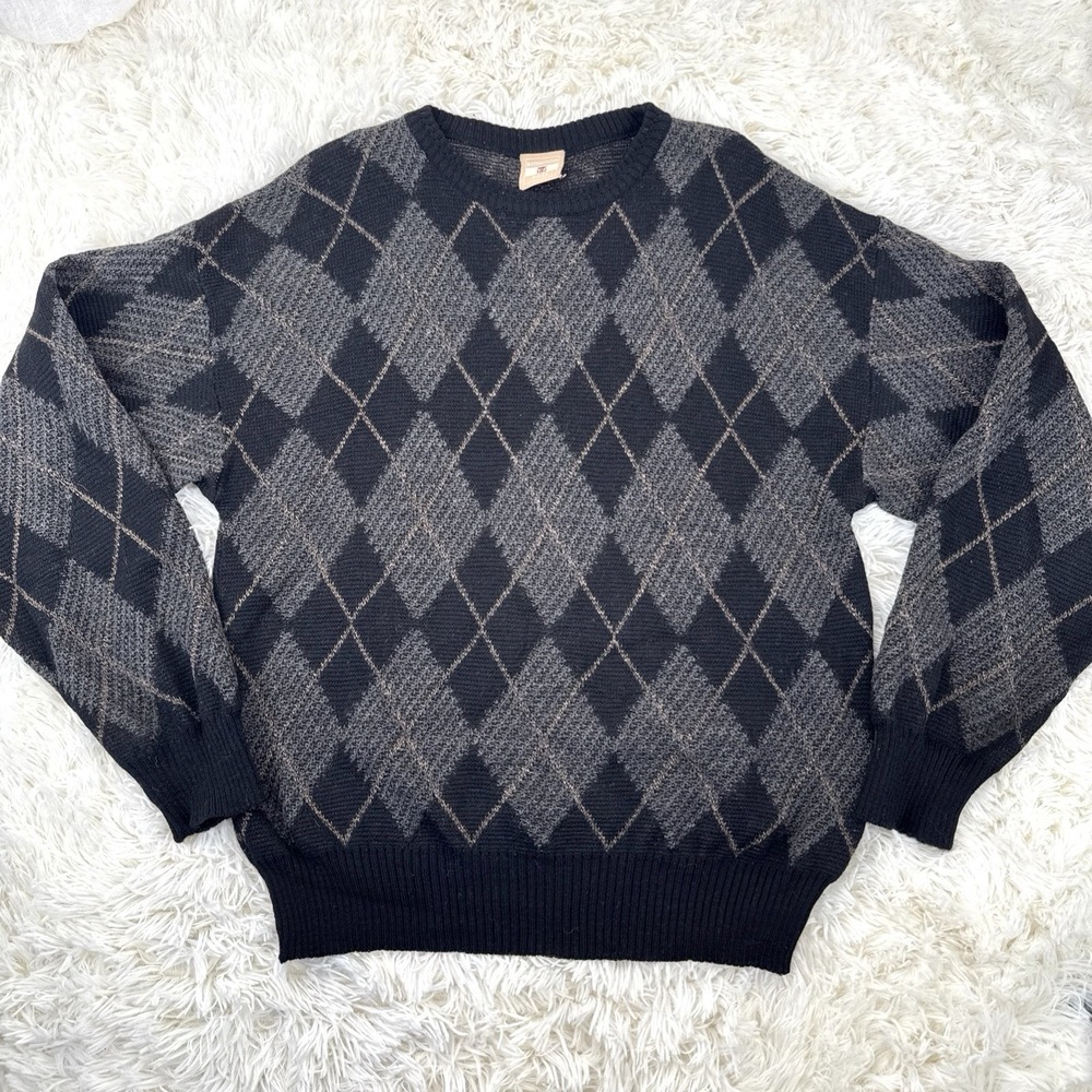 Vintage 90s Argyle Knit Sweater M Dark Academia Eclectic Grandpa Preppy Grunge
